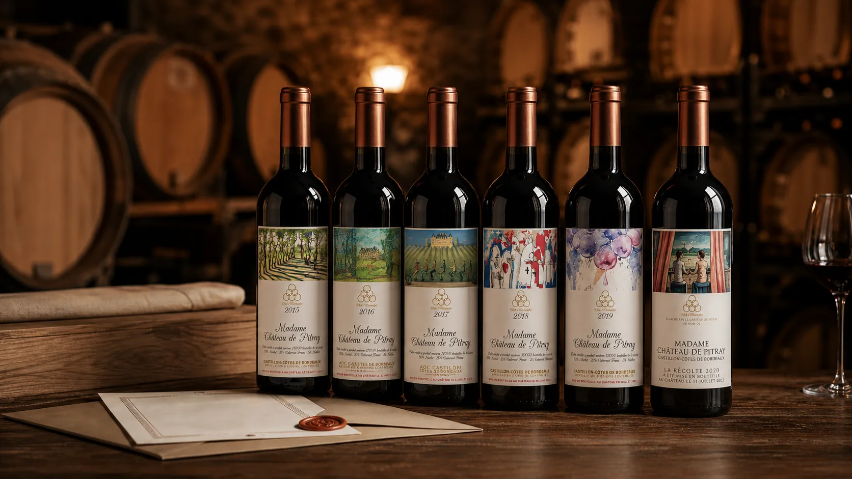 Six Madame de Pitray Bordeaux vintages with personalized labels in a wine cellar
